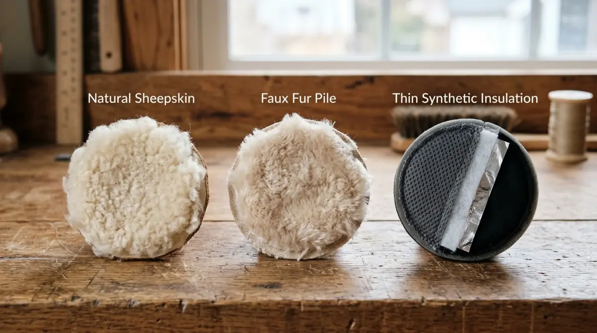 Samples of sheepskin, faux fur and thin synthetic insulation for winter footwear