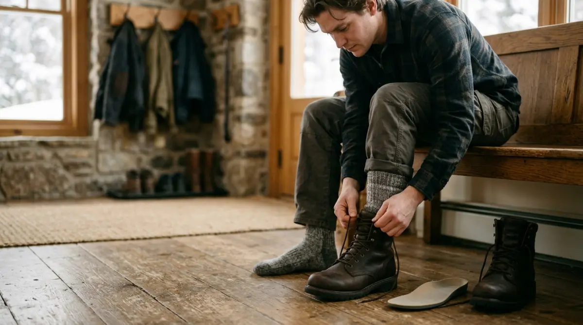 A person lacing a winter boot over a thick wool thermal sock, with an insole lying nearby