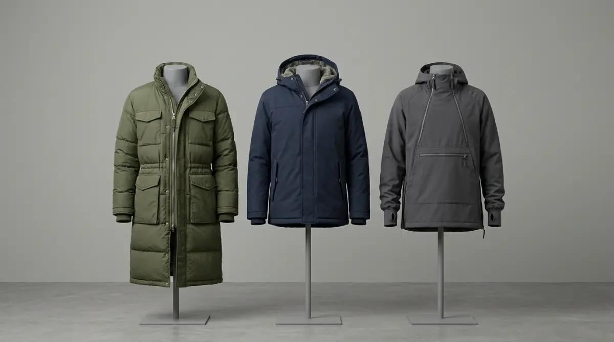 A long bushlat, a hooded winter jacket and an anorak with a diagonal zipper on mannequins