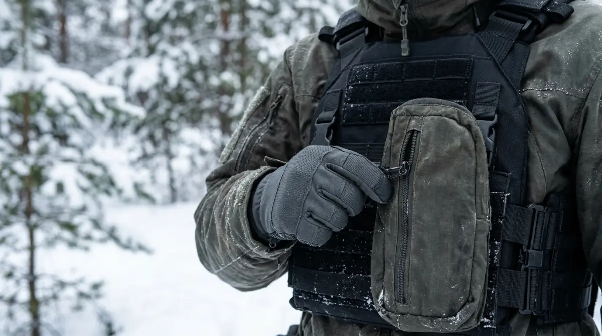 A gloved hand opening the chest pocket of a winter jacket under a plate carrier
