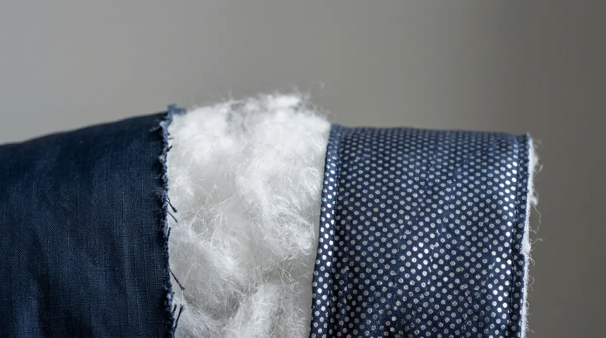 Cross-section of an insulated jacket: outer fabric, a layer of synthetic insulation and a silver reflective lining