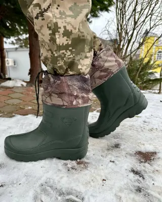 Теплые водонепроницаемые резиновые сапоги оливка с вкладышем