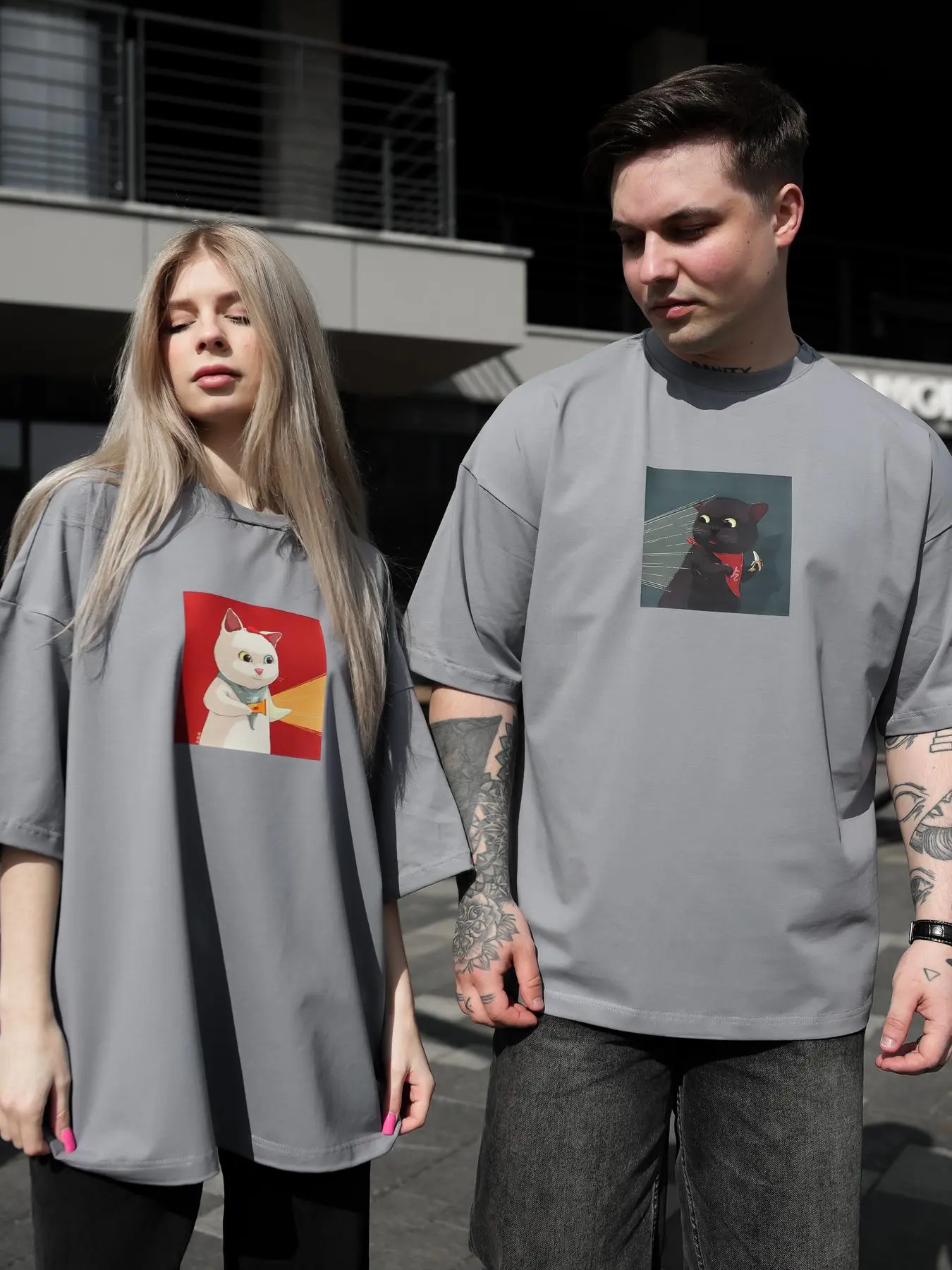 Футболка сіра (принт коти світло )