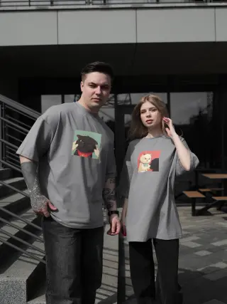 Футболка сіра (принт коти щічки )