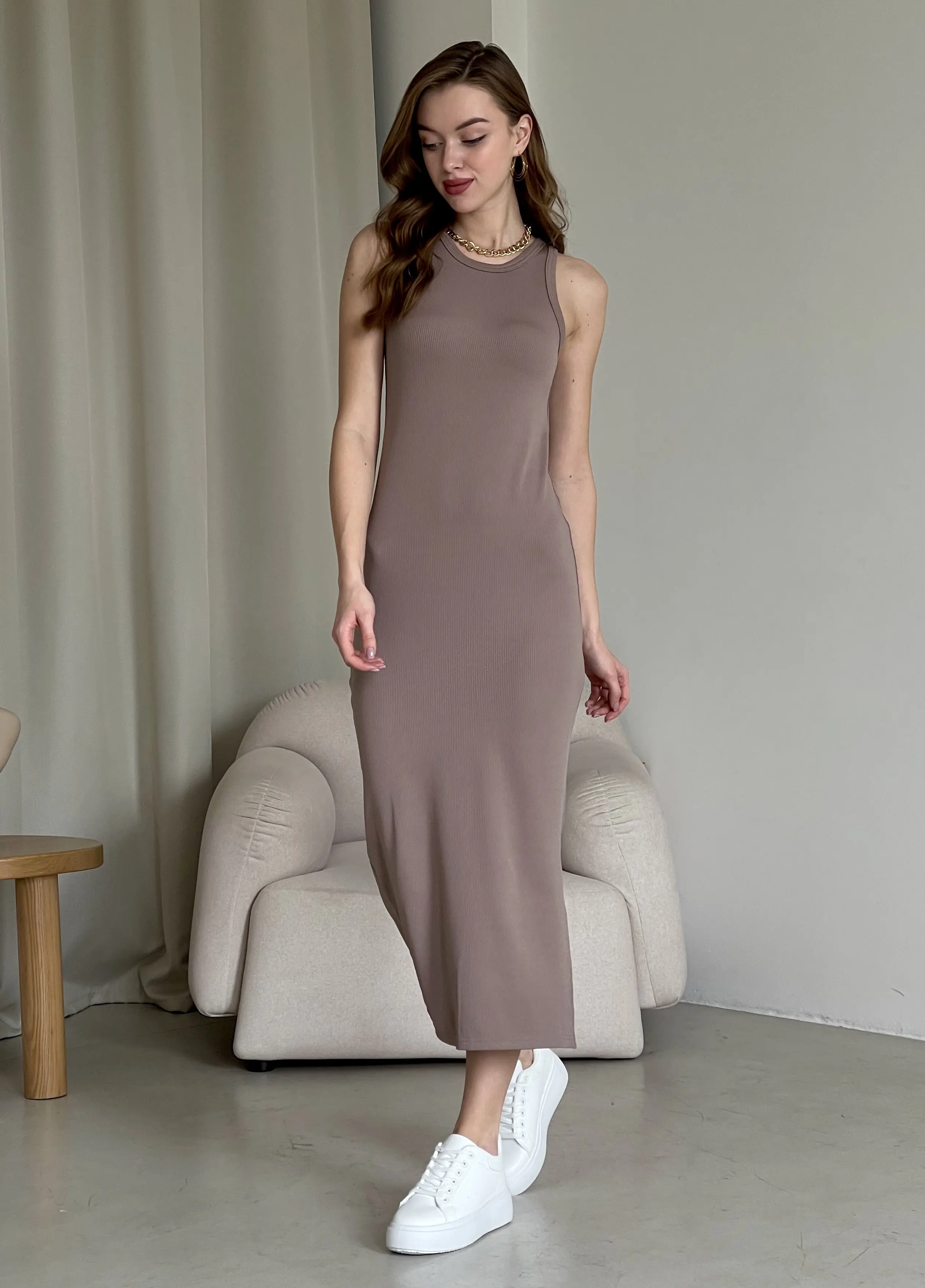Довга сукня-майка в рубчик кольори мокко Merlini Лонга