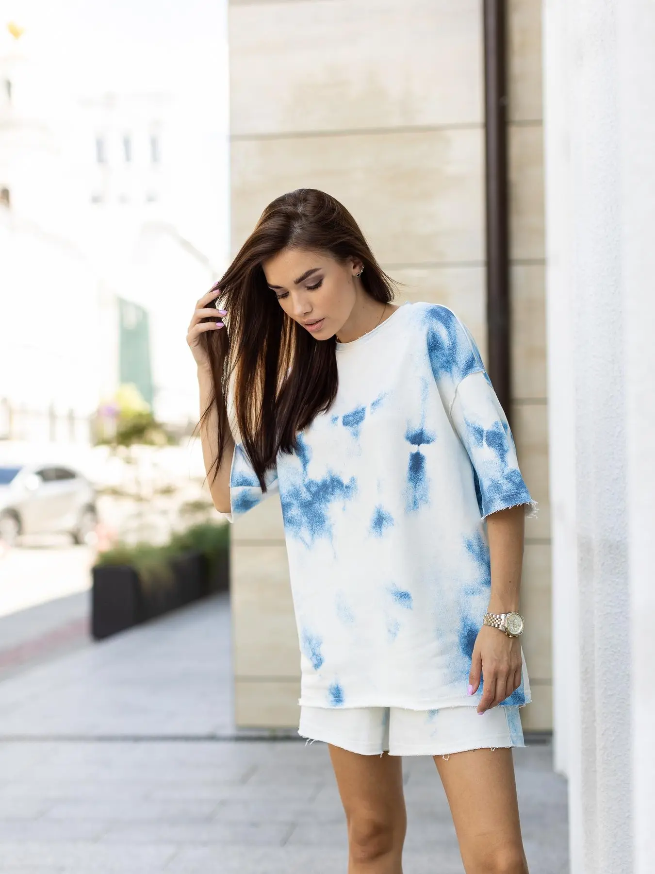 Комплект жіночий "Tie-dye" футболка + шорти блакитний