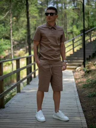 Men's Linen Basic Set "Flax" Intruder Brown: Polo + Shorts