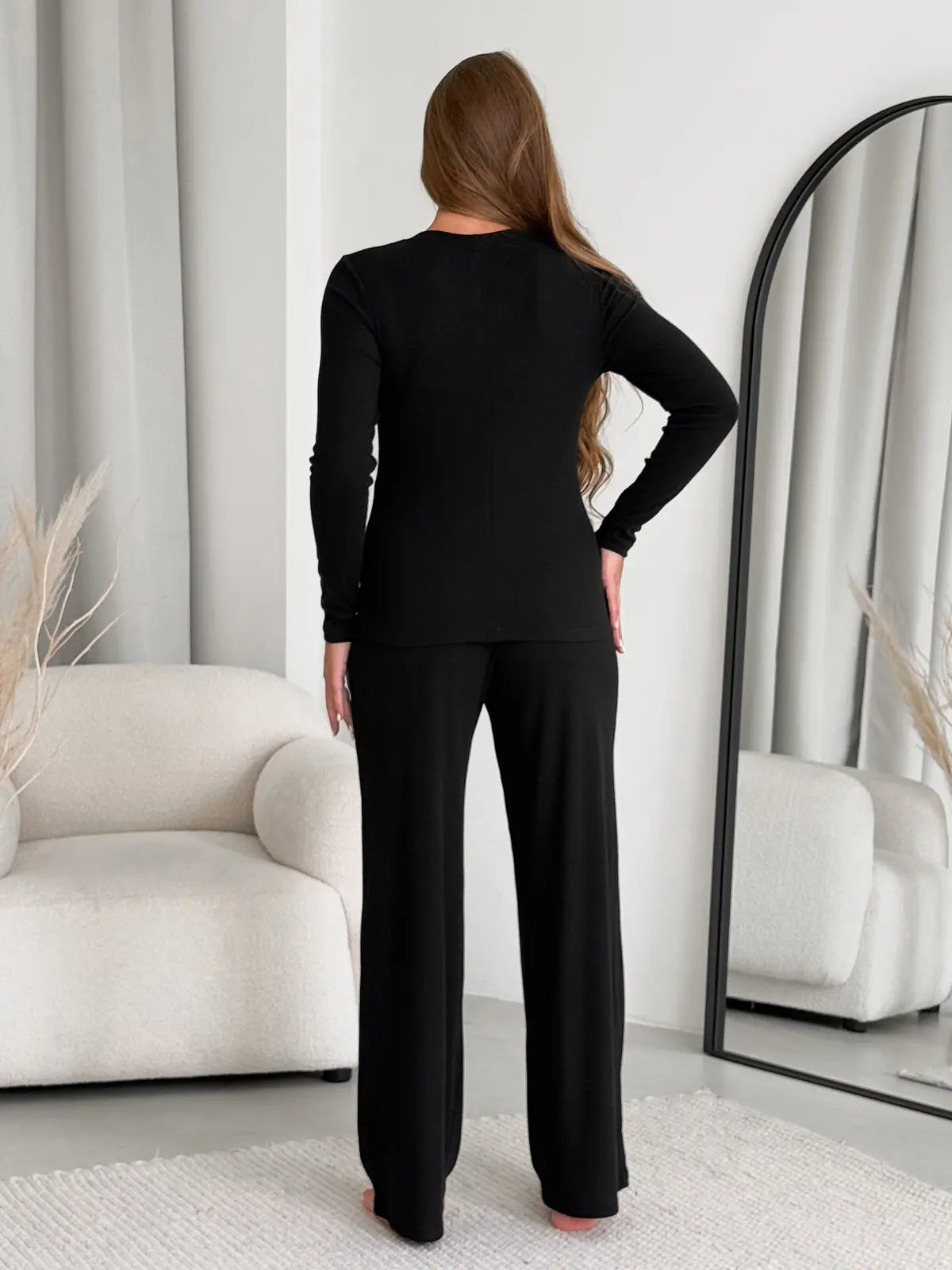 Black Ribbed Pajamas with Wide Pants Merlini Matera