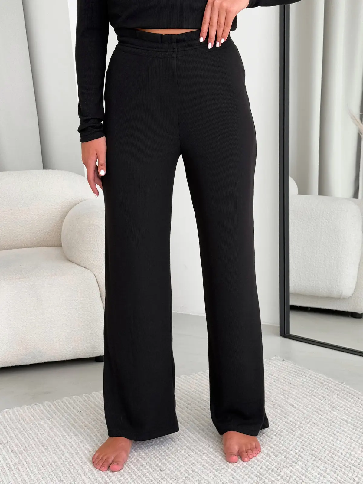 Black Ribbed Pajamas with Wide Pants Merlini Matera