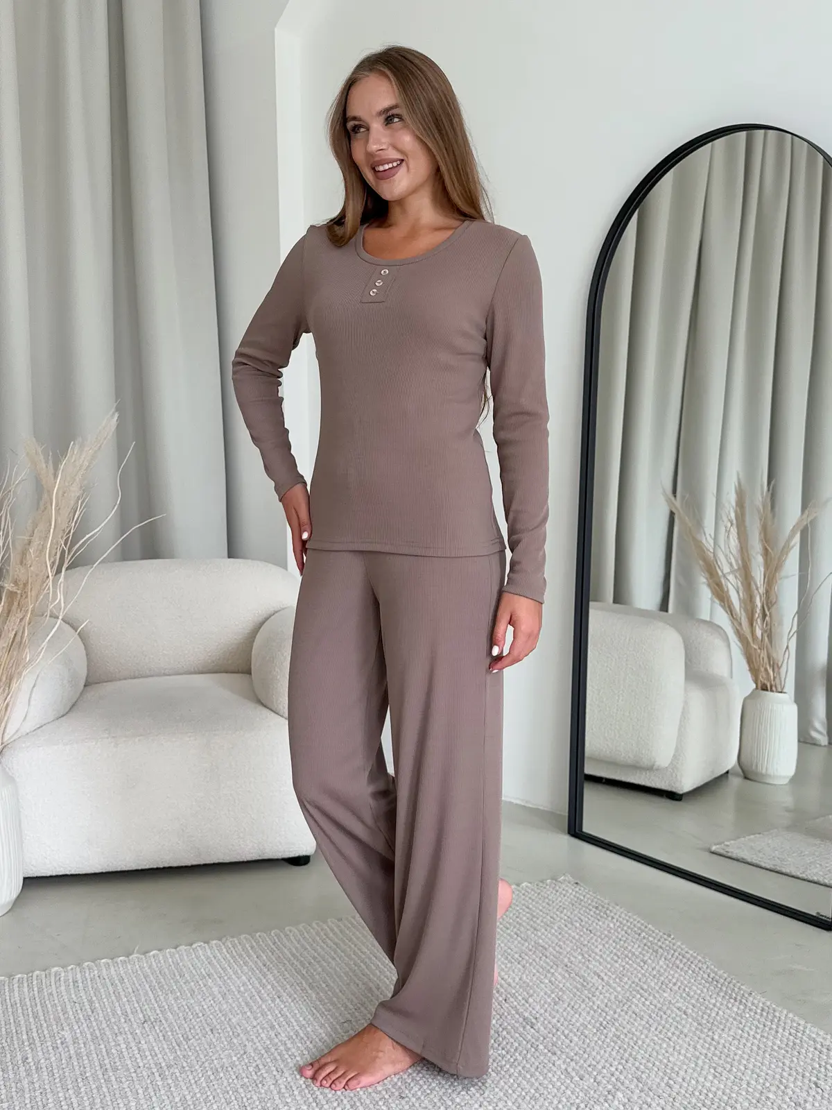 Ribbed Pajama with Wide Pants Beige Merlini Matera