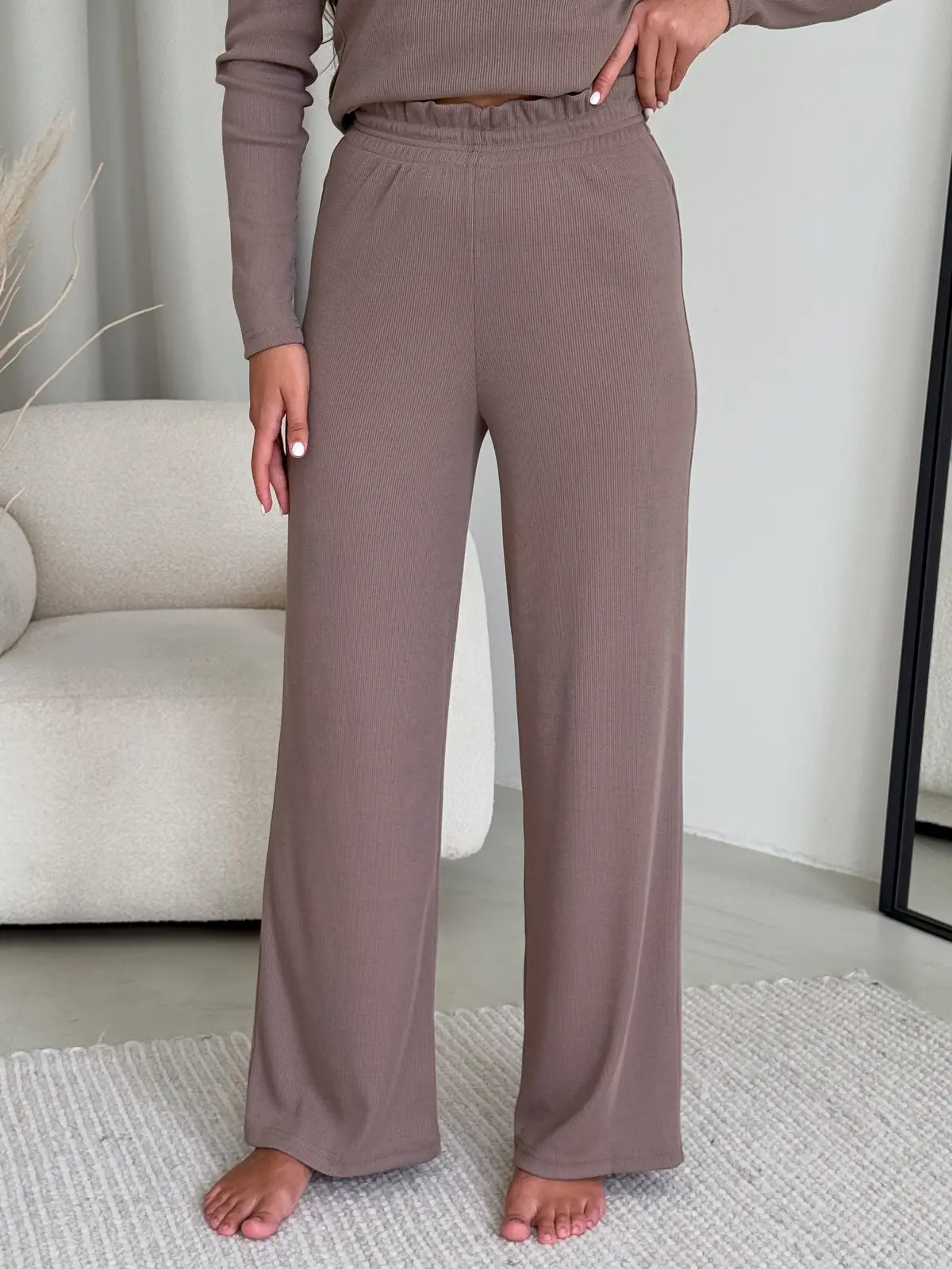 Ribbed Pajama with Wide Pants Beige Merlini Matera