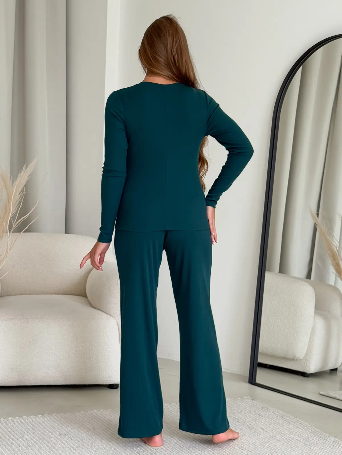 Ribbed Pajama Set with Wide Pants Green Merlini Matera