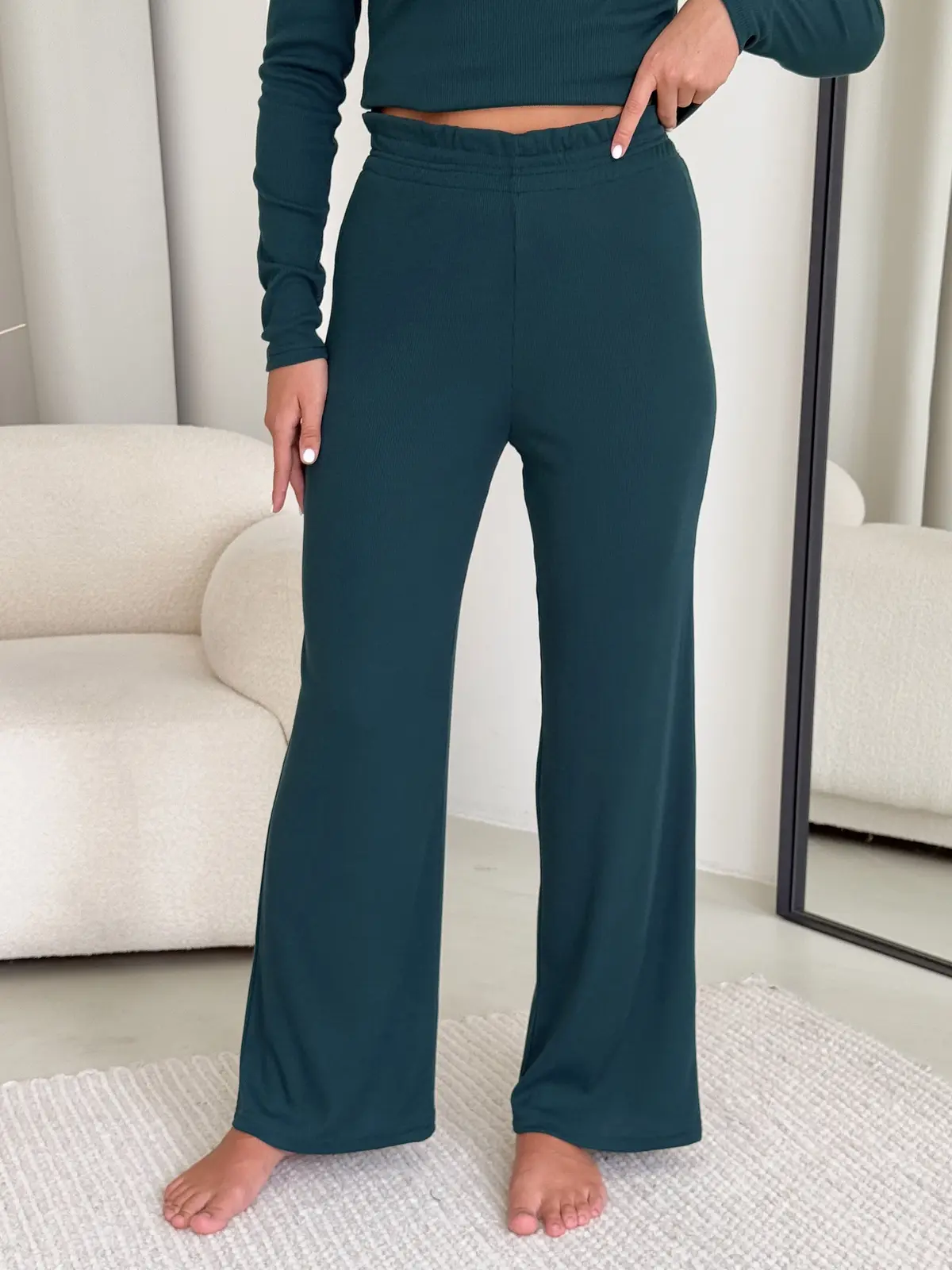 Ribbed Pajama Set with Wide Pants Green Merlini Matera