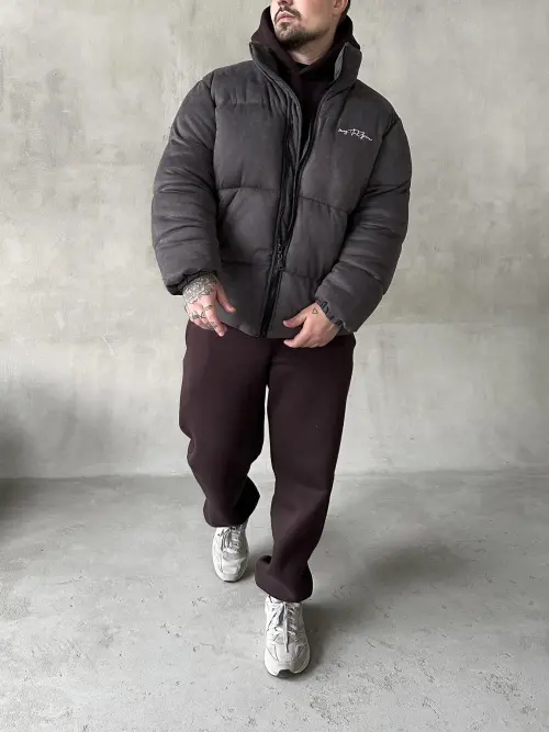 Пуховик замш сірий