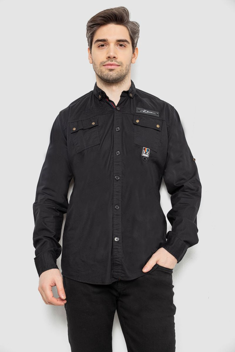 Сорочка чоловіча однотонна з принтом, колір чорний, 186R01