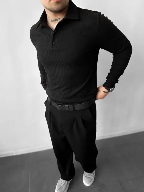 Black Long-Sleeve Polo Shirt