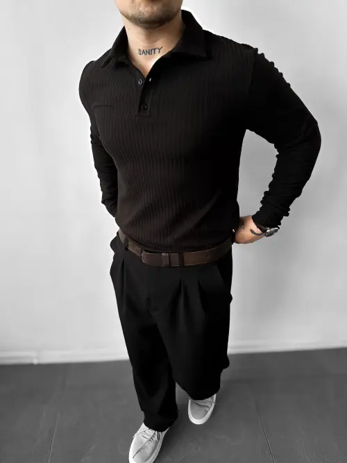 Black Long-Sleeve Polo Shirt