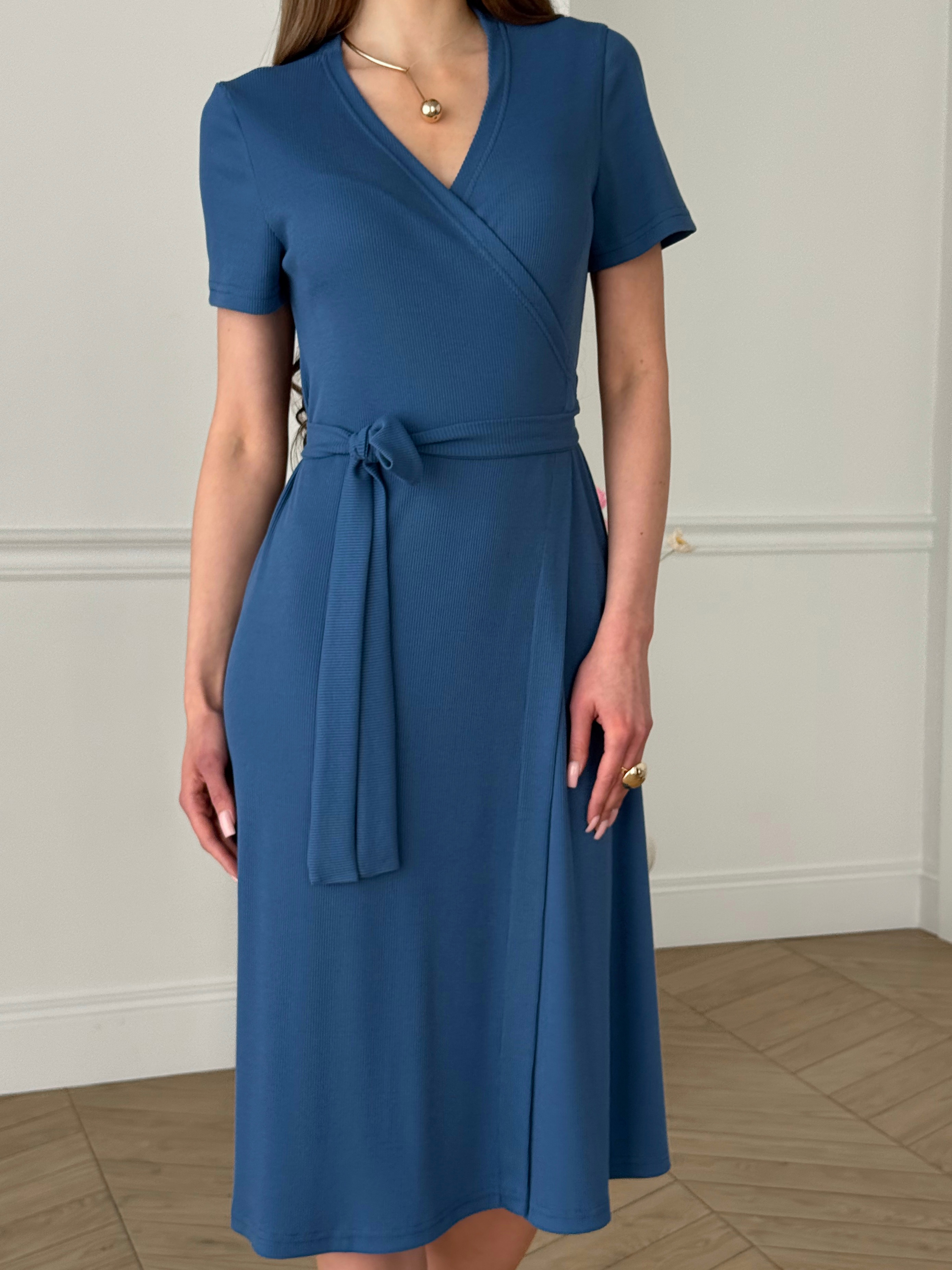 Blue Wrap Dress in Rib Merlini Zokka