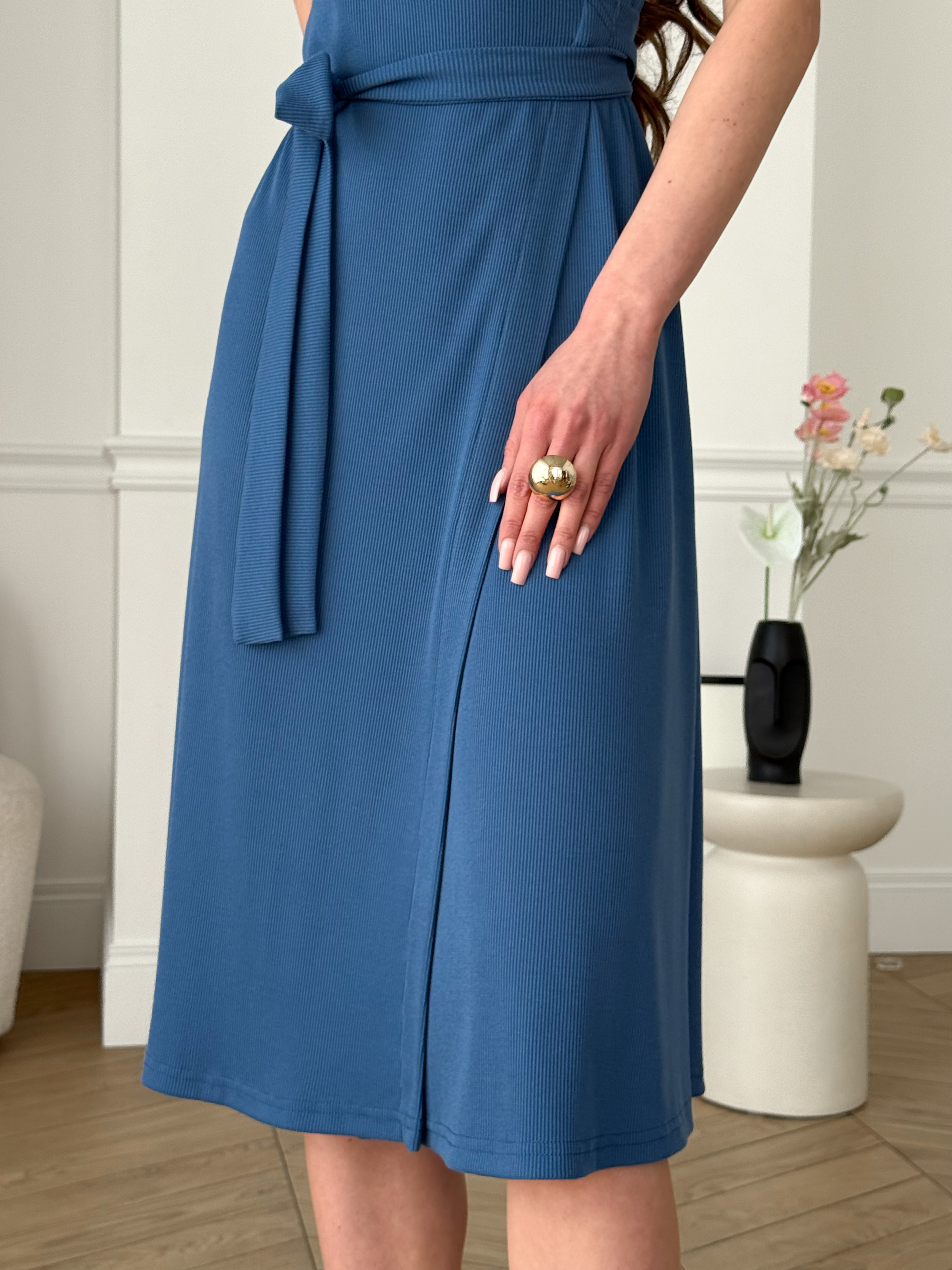 Blue Wrap Dress in Rib Merlini Zokka
