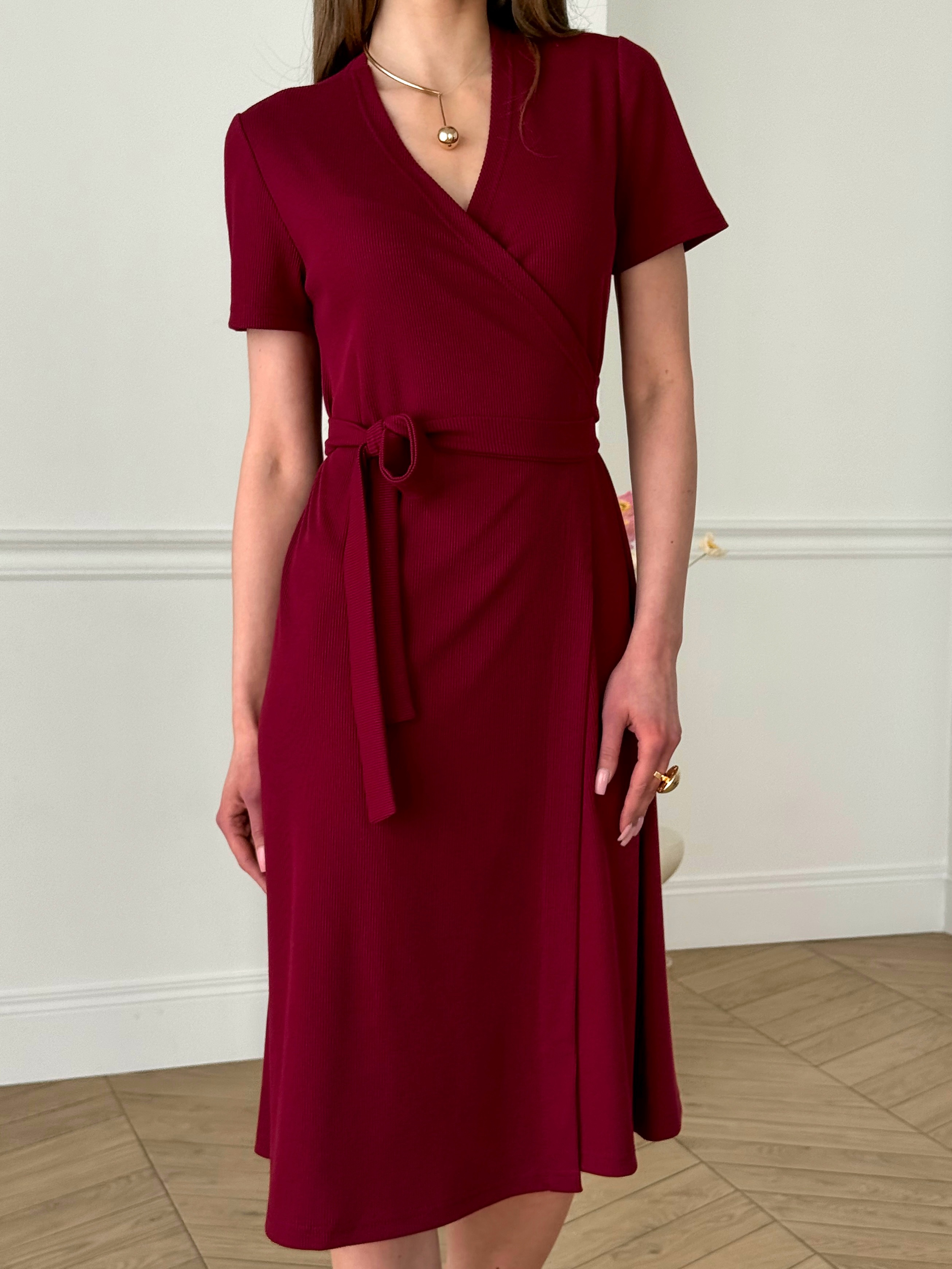 Burgundy Wrap Midi Dress in Ribbed Fabric Merlini Zokka