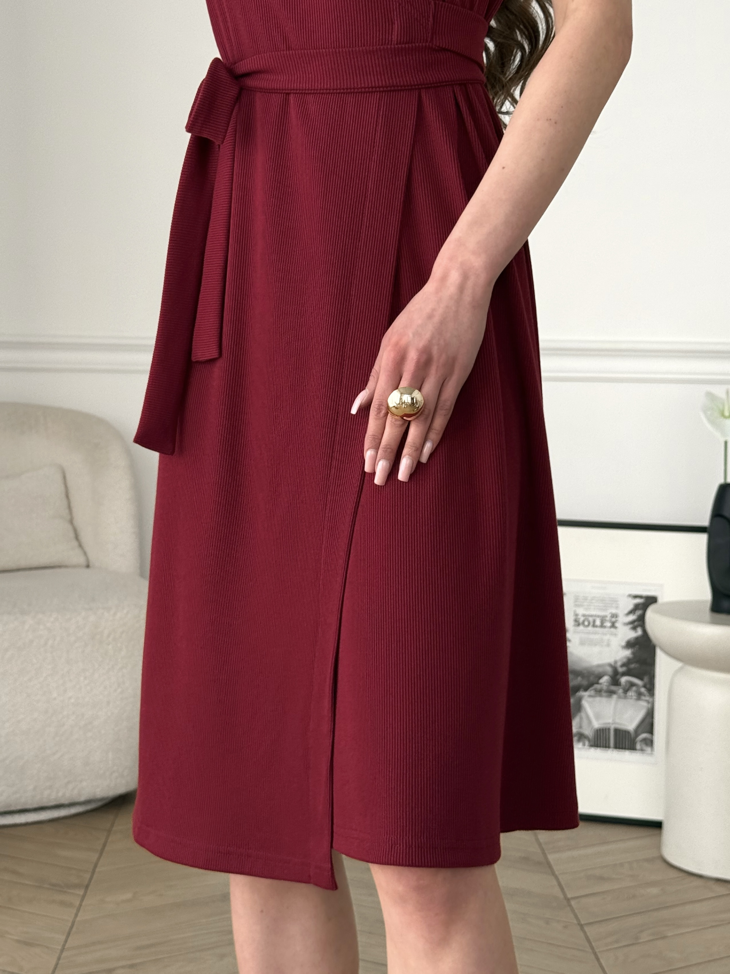 Burgundy Wrap Midi Dress in Ribbed Fabric Merlini Zokka