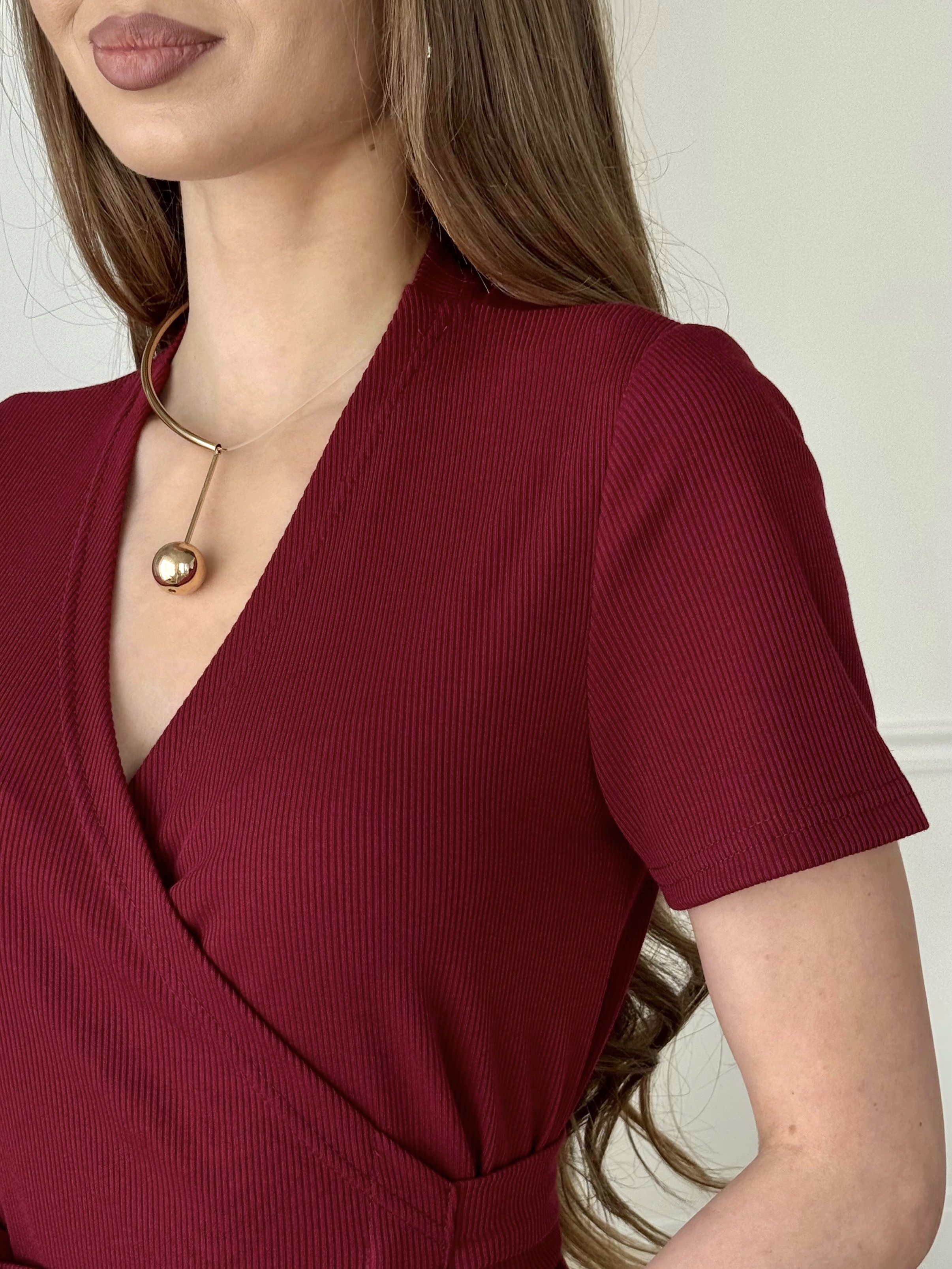 Burgundy Wrap Midi Dress in Ribbed Fabric Merlini Zokka