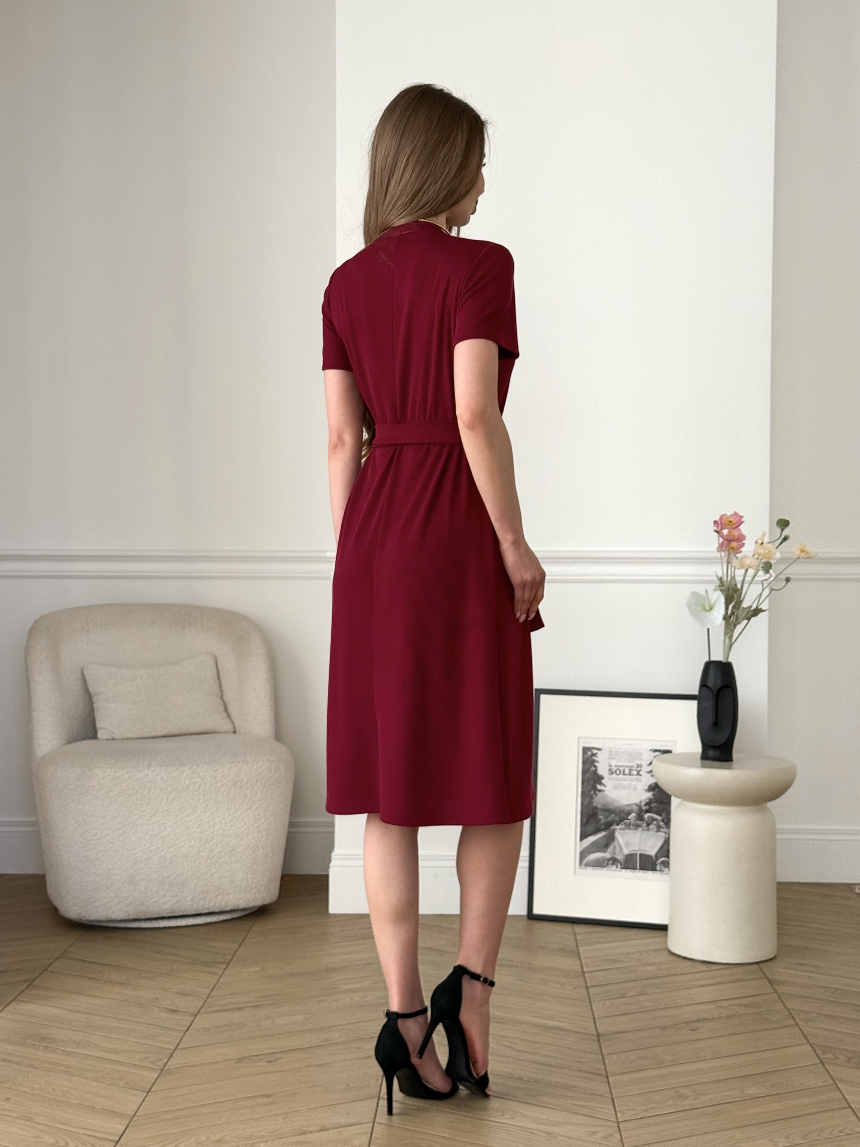 Burgundy Wrap Midi Dress in Ribbed Fabric Merlini Zokka