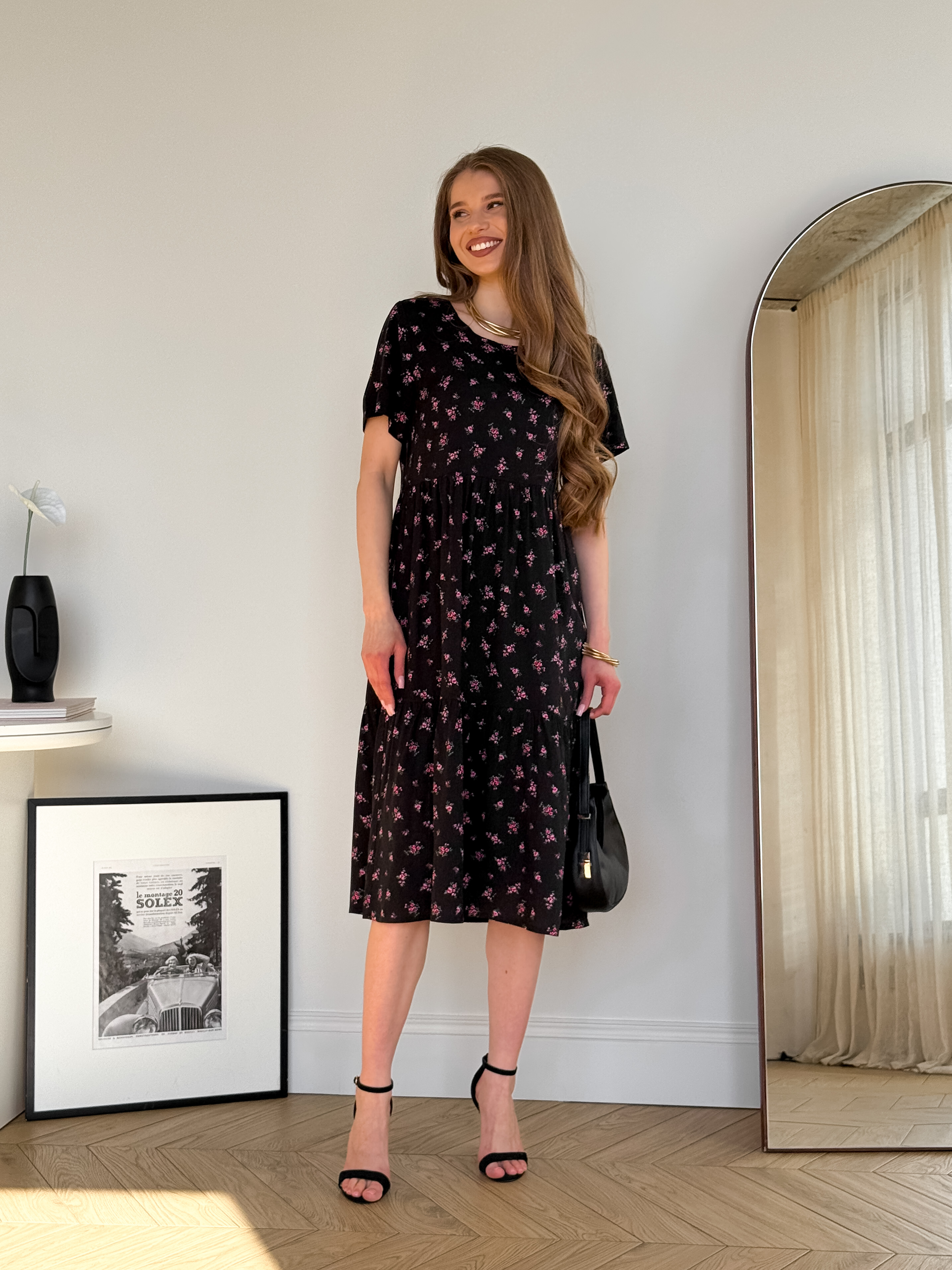 Summer floral print dress made of rayon in black Merlini Caserta