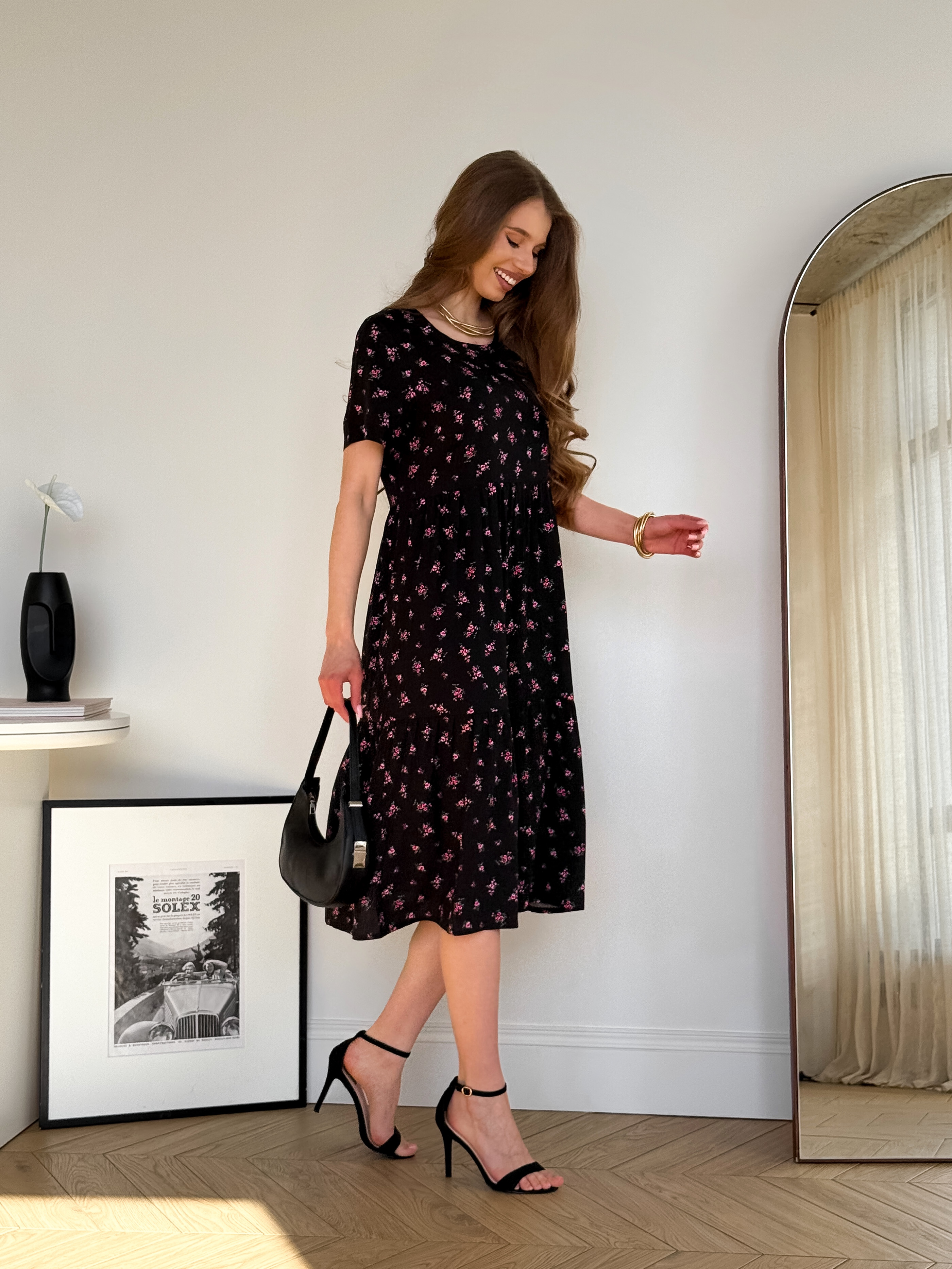 Summer floral print dress made of rayon in black Merlini Caserta
