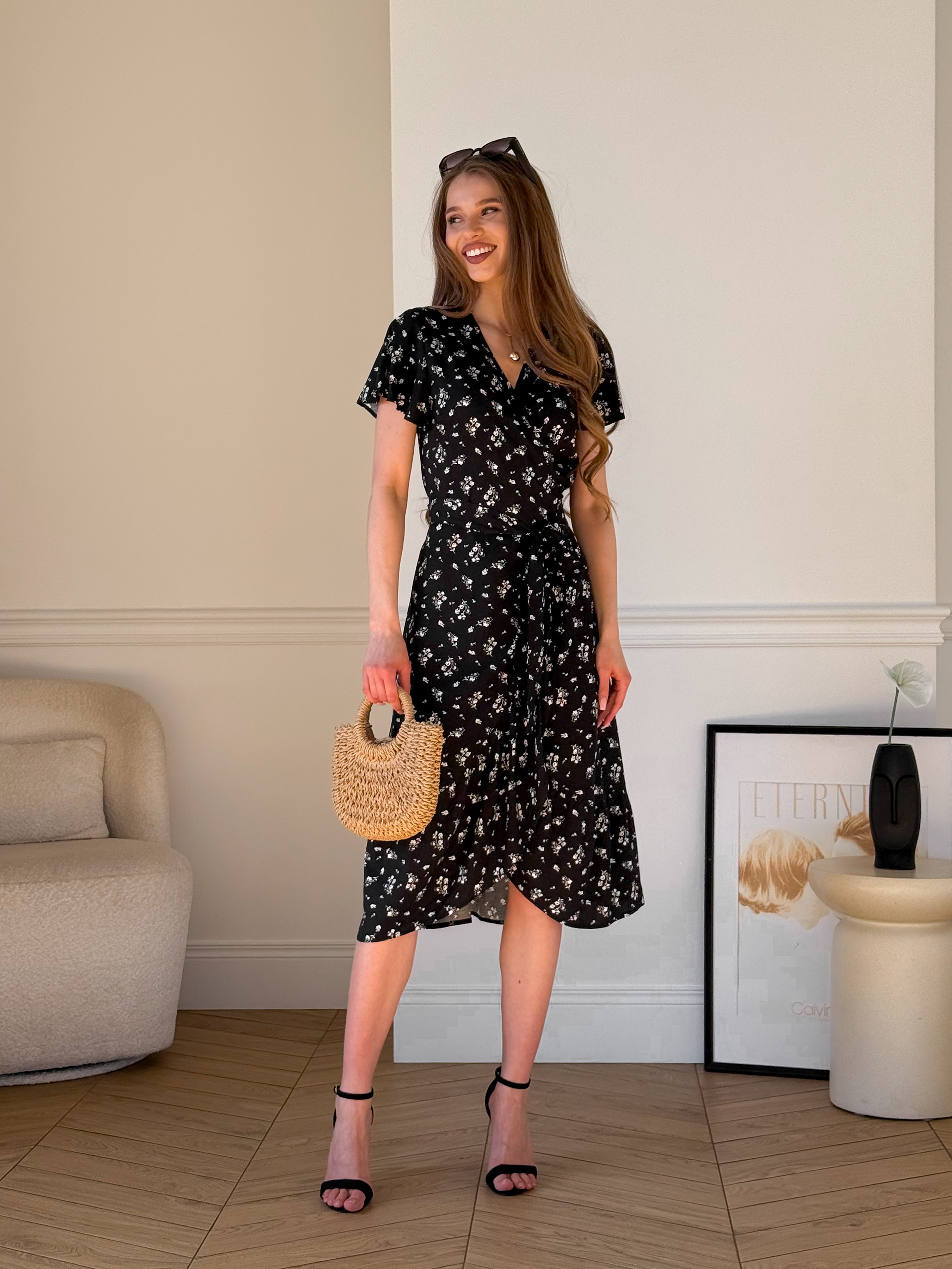 Black Wrap Dress with Floral Print in Rayon Merlini Vicenza