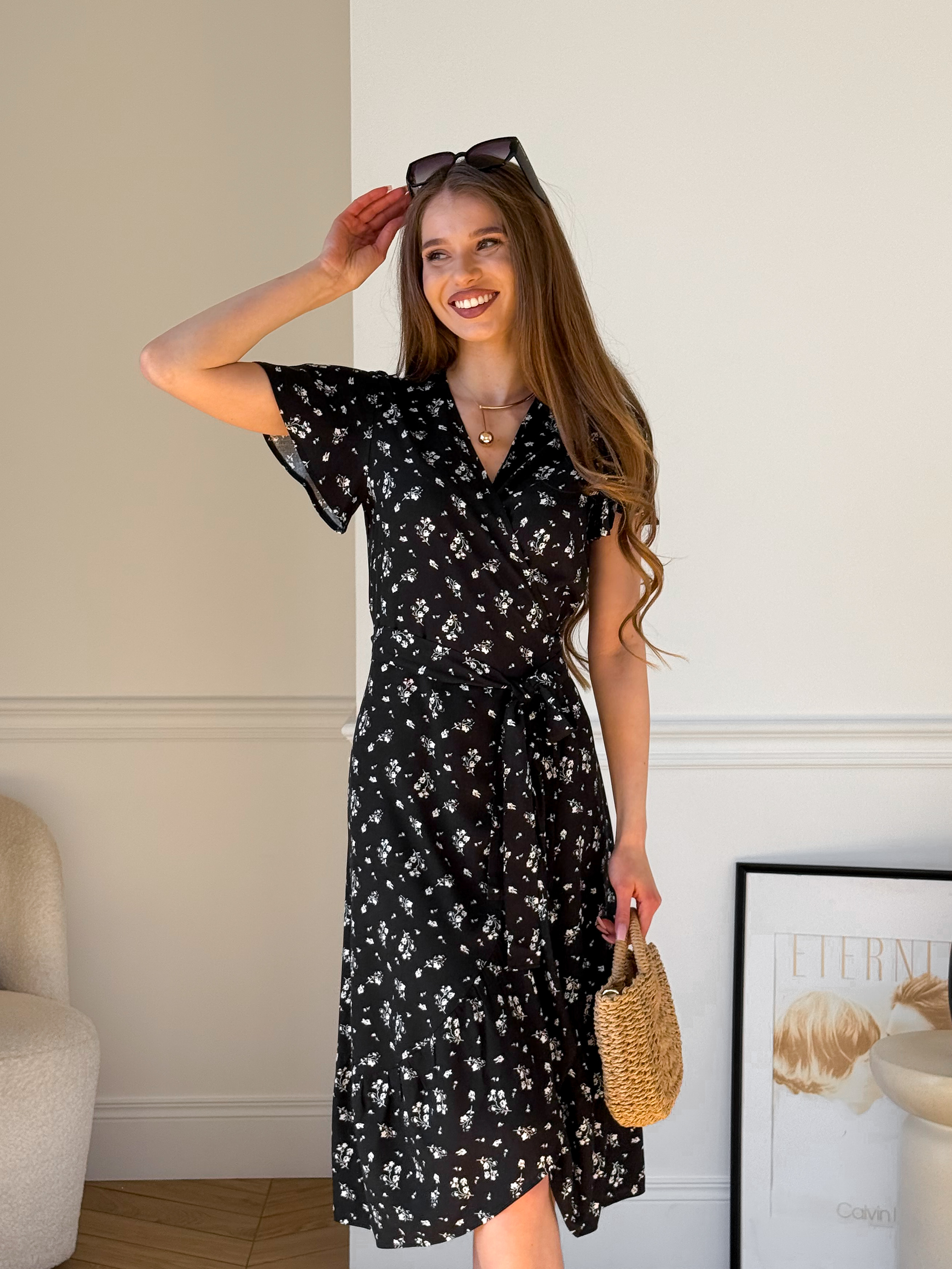 Black Wrap Dress with Floral Print in Rayon Merlini Vicenza