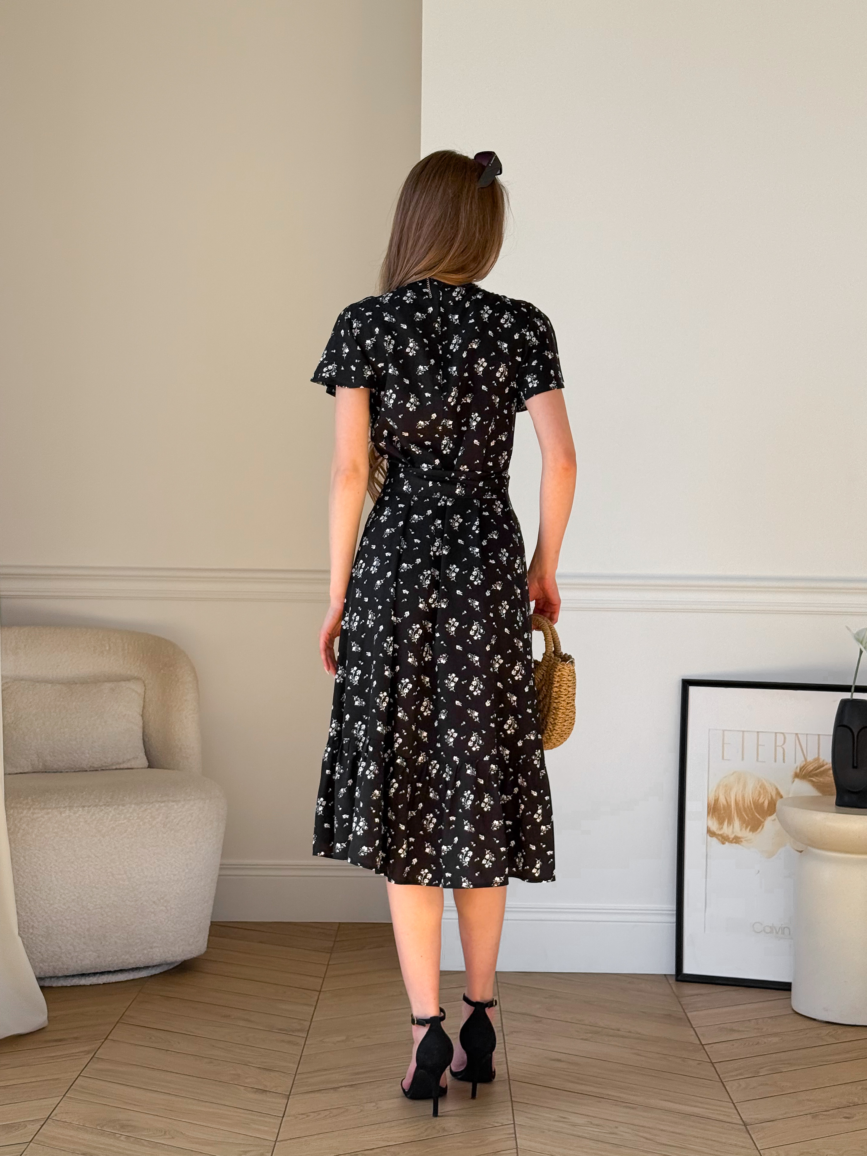 Black Wrap Dress with Floral Print in Rayon Merlini Vicenza
