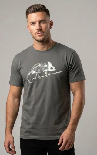 Gray T-shirt with Chameleon Bones Print 100% Cotton