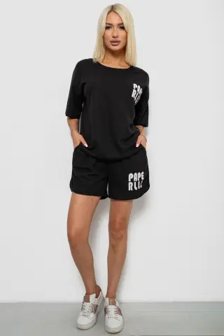 Жіночий костюм футболка та шорти трикотаж, колір чорний, 221R6815