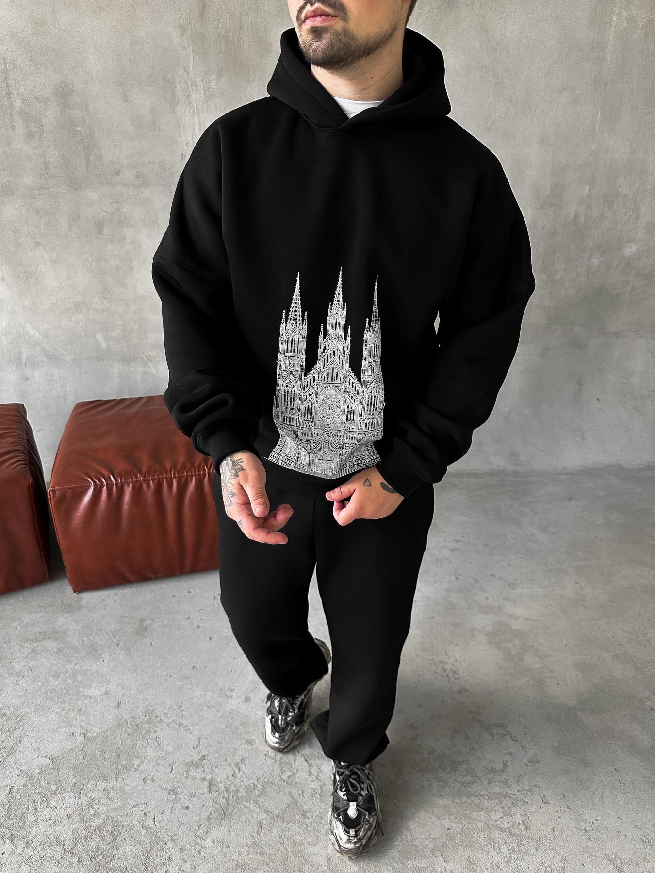 Black Hoodie Pants Tower Print
