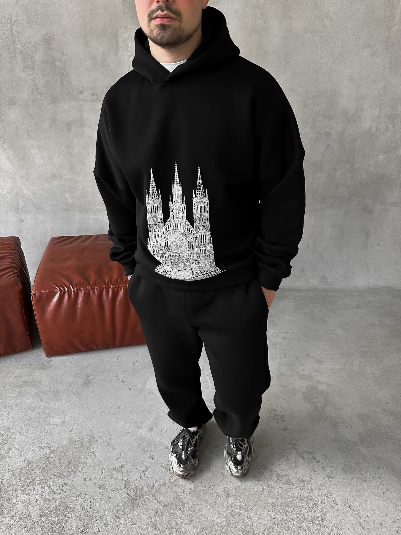Black Hoodie Pants Tower Print