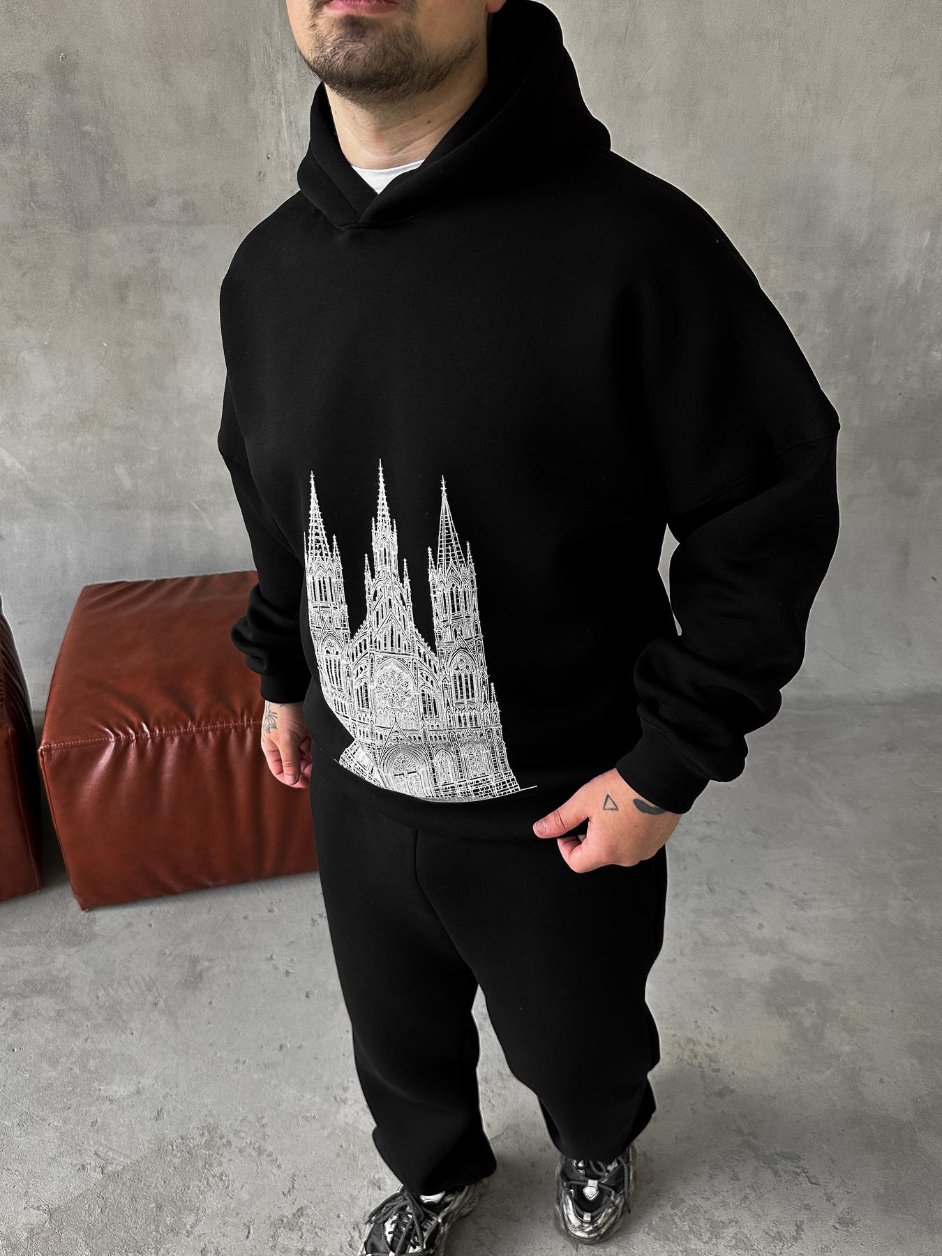 Black Hoodie Pants Tower Print
