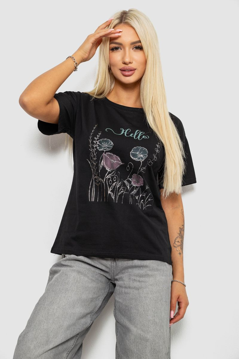 Women's T-shirt with print, black color, 221R2813