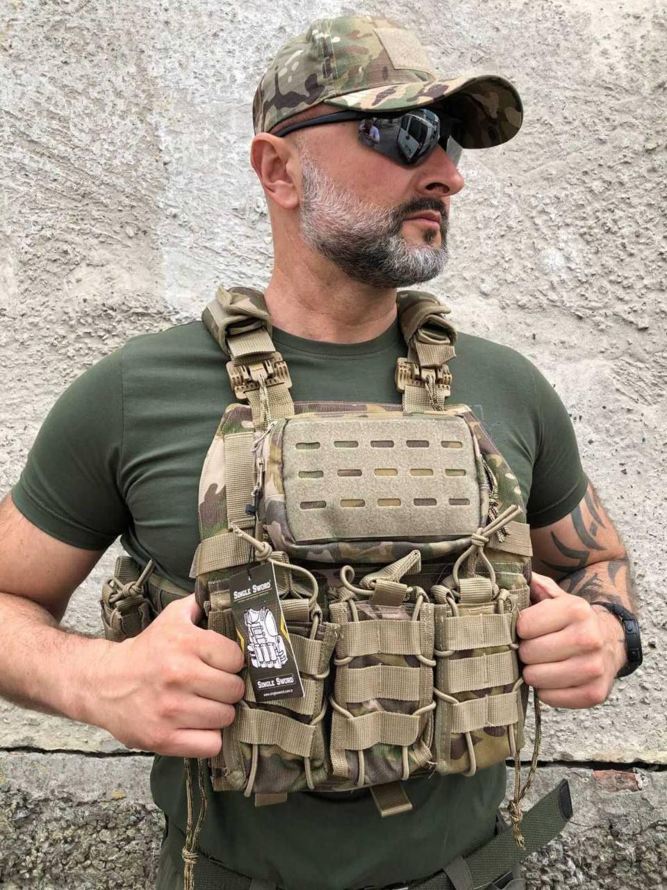 Плитоноска із подвійним швидким скиданням Singl Sword Мультикам на 4 точки скидання, 7 підсумків