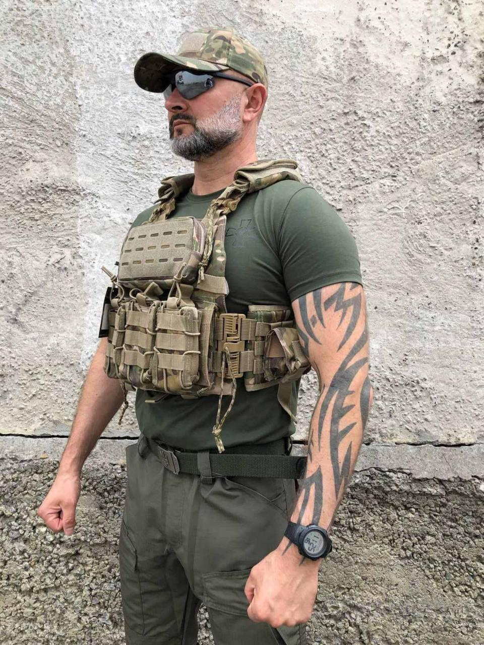 Плитоноска із подвійним швидким скиданням Singl Sword Мультикам на 4 точки скидання, 7 підсумків