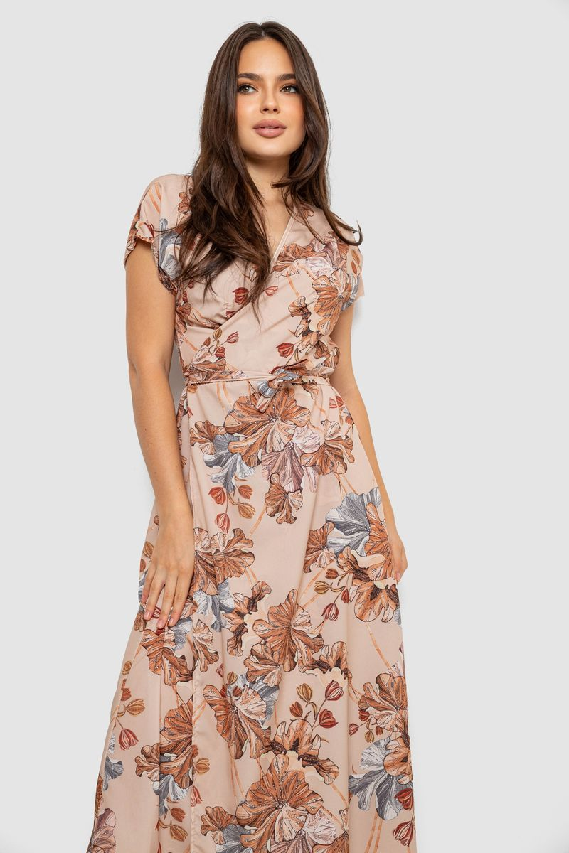 Women's Solid Dress with Print, Beige Color, 257R177-5