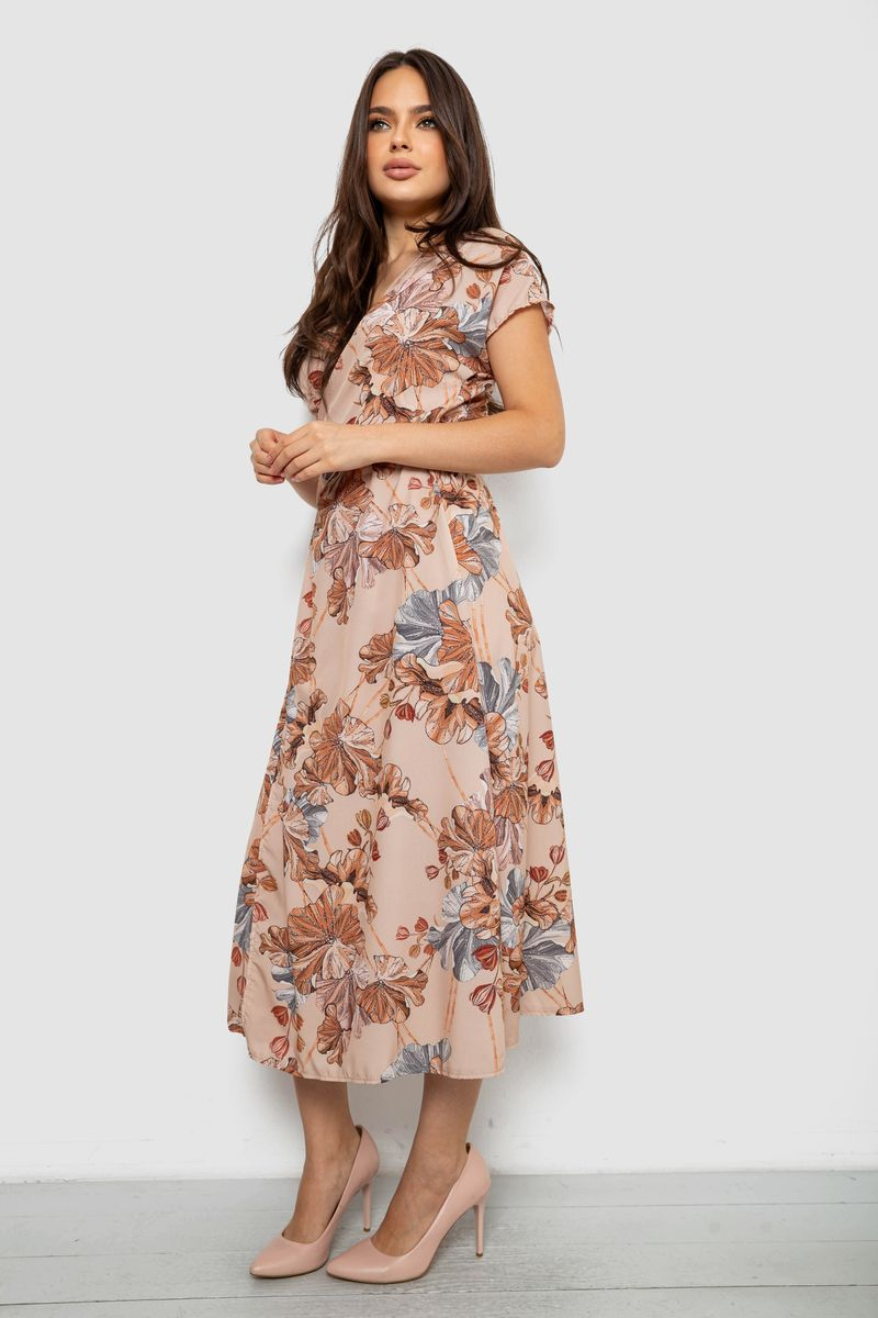 Women's Solid Dress with Print, Beige Color, 257R177-5
