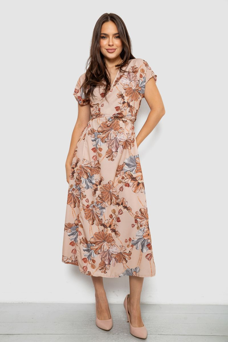 Women's Solid Dress with Print, Beige Color, 257R177-5