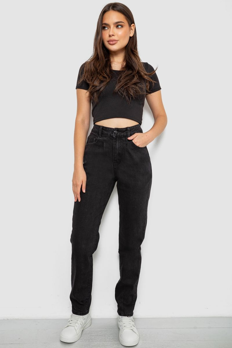 Women's solid black MOM jeans, color black, 244RL-5370