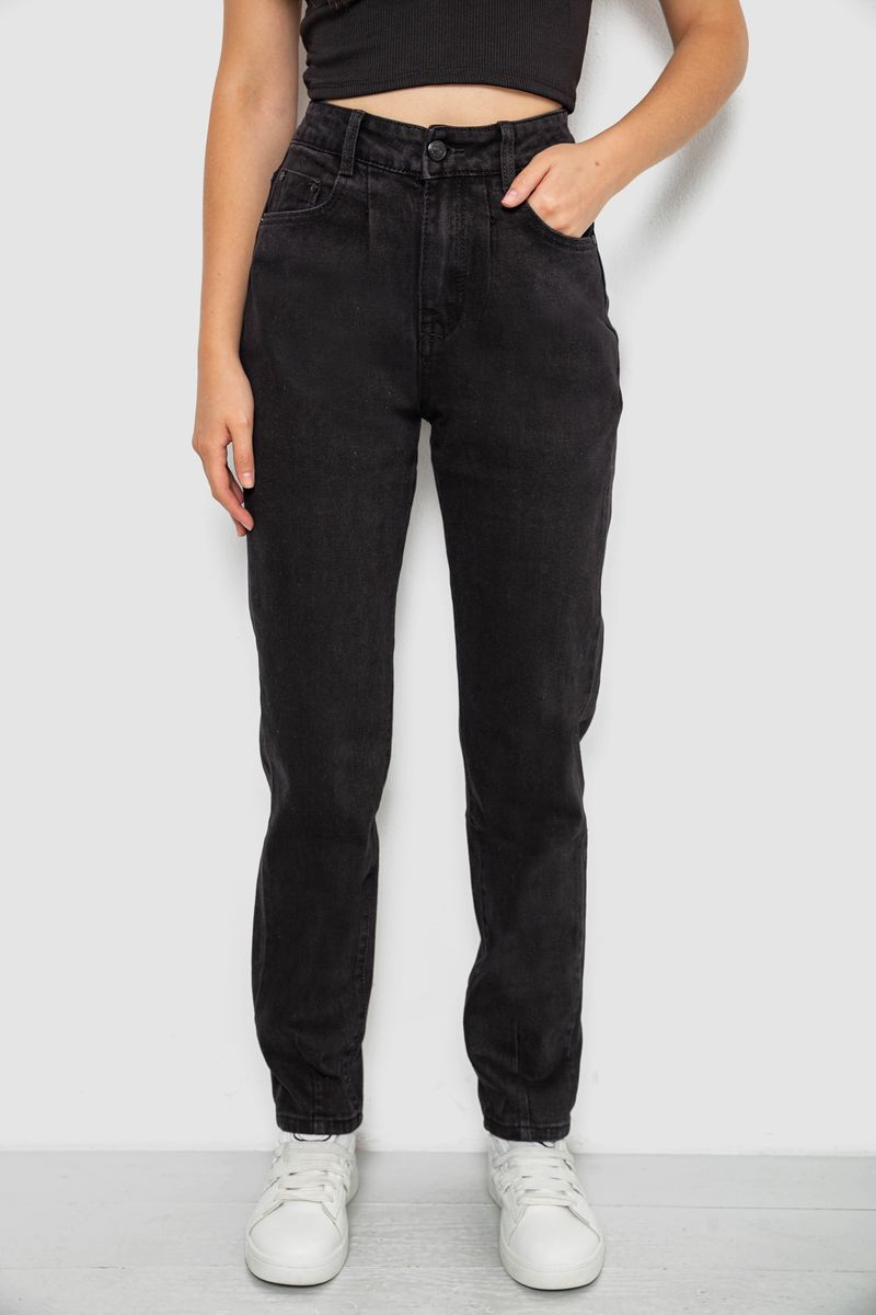 Women's solid black MOM jeans, color black, 244RL-5370