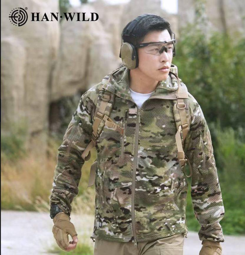 Han-Wild Grid Fleece Multicam Fleece Hoodie with Honeycomb Texture