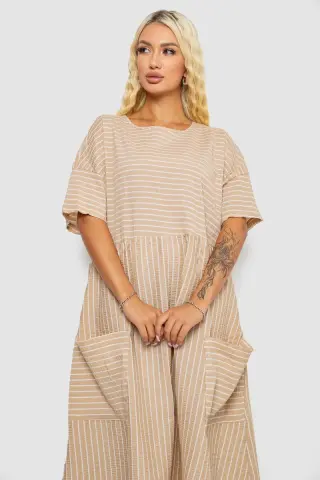 Women's solid striped dress, beige color, 244R0801