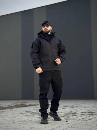 Військова куртка Проклеєна Чорна утеплена на флісі , Soft Shell Military Black БАТАЛИ