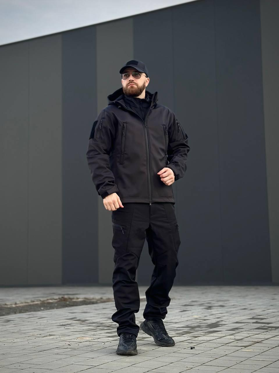 Військова куртка Проклеєна Чорна утеплена на флісі , Soft Shell Military Black БАТАЛИ
