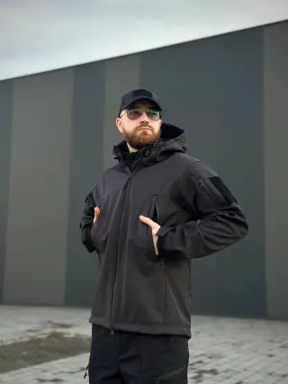 Військова куртка Проклеєна Чорна утеплена на флісі , Soft Shell Military Black БАТАЛИ